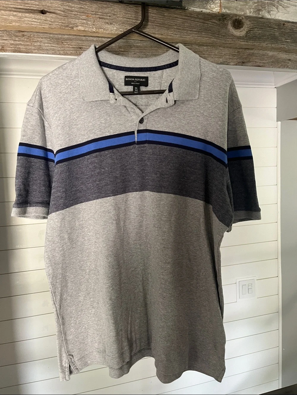 Banana Republic Men’s Gray Polo with Navy and Royal Blue Stripes